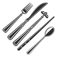 Fork knife spoon chopsticks elegant silverware vector