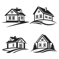 Four black house icons on white background home building