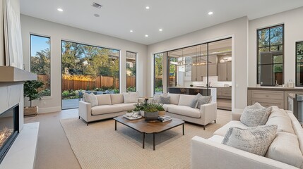 Fototapeta premium Open-concept living room with fireplace and patio views.