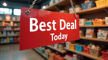 Red sign displaying Best Deal Today in retail store aisle  