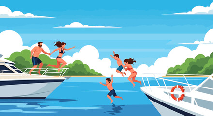 Adobe illustrator vector flat style illustration of a happy family jumping from a yacht into the clear blue ocean during a sunny summer holiday, surrounded by lush green islands