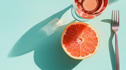 A fresh organic slice of juicy red grapefruit on a silver fork isolated on a white background provides a healthy vitamin-rich citrus snack for a natural diet