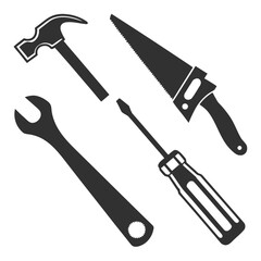Hammer saw wrench screwdriver silhouettes construction