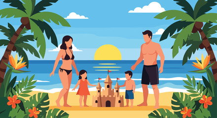Adobe illustrator vector flat style illustration of a happy family building a sandcastle on a sunny tropical beach, surrounded by palm trees, ocean waves, and vibrant flowers, embodying summer holiday