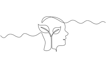 One continuous line drawing of human head with plant inside. Mental health and psychology vector concept. Mental health concept. Self care symbol. Vector illustration.