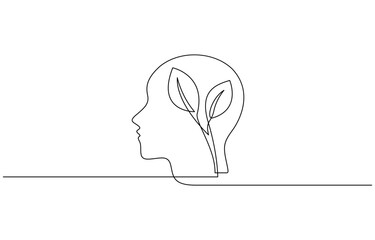 One continuous line drawing of human head with plant inside. Mental health and psychology vector concept. Mental health concept. Self care symbol. Vector illustration.
