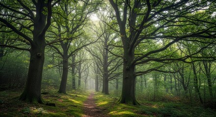 Fototapeta premium Enchanting forest pathway winding through majestic ancient oak trees with golden sunlight filtering through morning mist. Magical woodland atmosphere and nature.