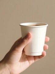 Hand holding white coffee cup against beige background, close-up with clean studio light for lifestyle and packaging mockups