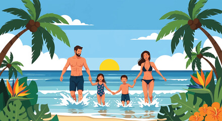 Adobe illustrator vector flat style illustration of a happy family running through ocean waves on a sunny summer beach, with palm trees and tropical flowers, perfect for holiday adventures