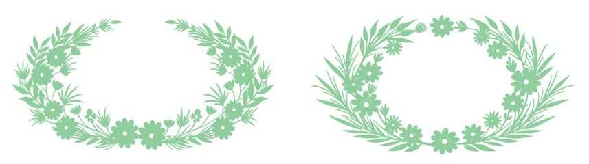 Floral Crescent and Circle Wreath Vectors. Wide oval light green frames.