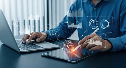 Businessman interacts with futuristic holographic data visualizations on a tablet and laptop for business analytics
