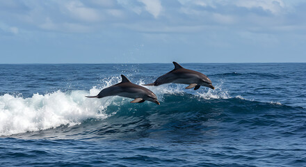 Playful dolphins jumping over breaking waves.