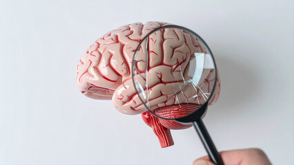 A human brain half made of glass, with visible cracks being examined under a magnifying glass by a doctor