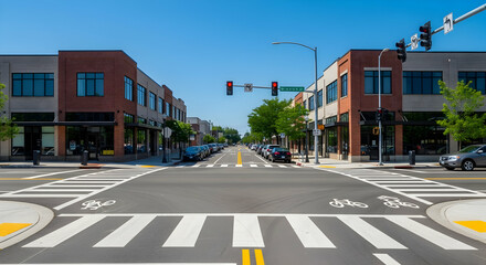 A sunny day on a charming urban street with crosswalks and architectural buildings