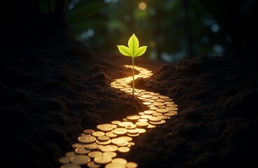 Winding gold coin path embedded in soil leading to glowing sprout, low-angle cinematic light, symbolic image for financial journey and sustainable growth