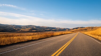 Scenic open road stretching through golden fields under a clear blue sky with distant hills