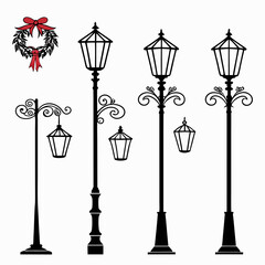 Ornate street lamps and festive wreath vintage lamps