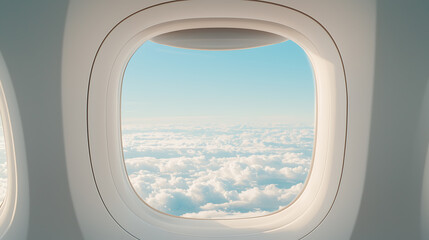 Above the Clouds: A serene view from an airplane window reveals a sea of white clouds under a clear blue sky. A journey into the heavens.