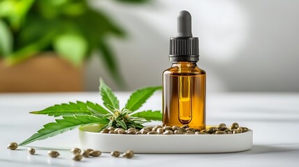 Castor oil in a dropper bottle on white ceramic tray, with green castor leaves