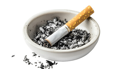 Burning cigarette in white ashtray with ash