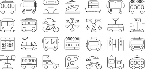 Urban Transportation Line Icons - Public Transit, Electric Vehicles & Smart Mobility Symbols

