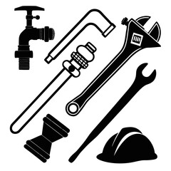 Plumbing tools wrench pipe fittings hard hat vector