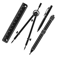 Ruler compass pens drafting tools black white