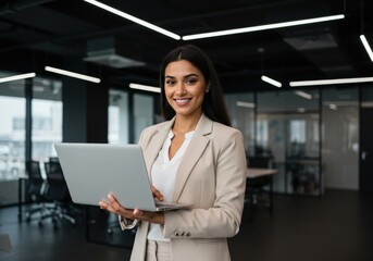 Confident young professional woman smiling holding a laptop in a modern office environment