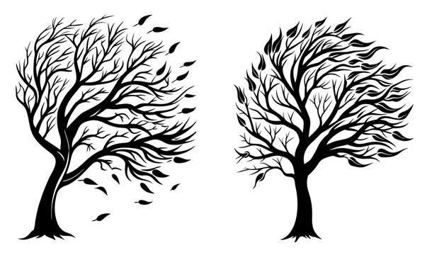 Windblown Tree Silhouette Vector Set