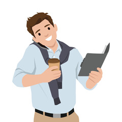 Busy professional juggling a phone call, coffee, and clipboard, Hustle of modern business life. Flat vector illustration isolated on white background