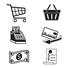 Shopping icons cash register credit card money receipt