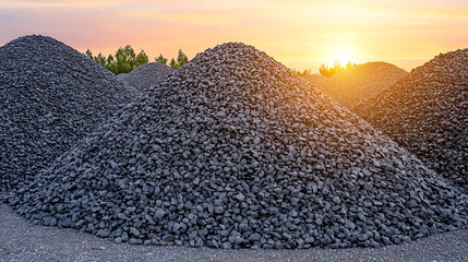 Large piles of crushed stone or gravel, likely at a quarry or construction site, under a sunset sky. Industrial materials and landscape elements.