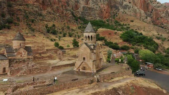 Orbiting drone footage of the Noravank monastery, located near the town of Yeghegnadzor in Armenia