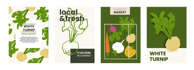 Fresh white turnip illustration. Simple posters with root vegetable for farmers market advertising. Vector templates with copyspace. Set of bulb vegetables in minimal hand drawn and flat style.