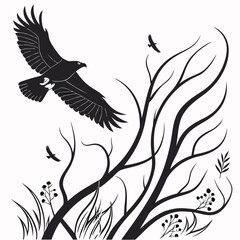 Soaring eagle with bare branches and foliage bird flying