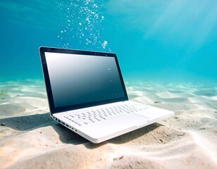 Laptop submerged in sandy shallows