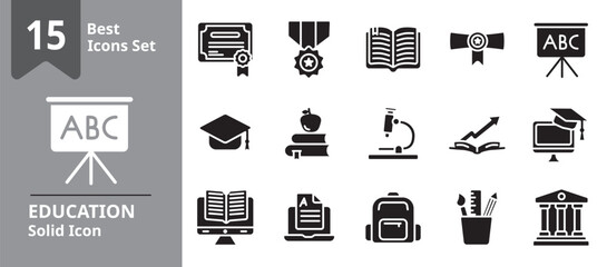 Solid icon set representing education and learning concepts including online classes, students, teachers, books, school supplies, and graduation, ideal for school platforms, learning apps.