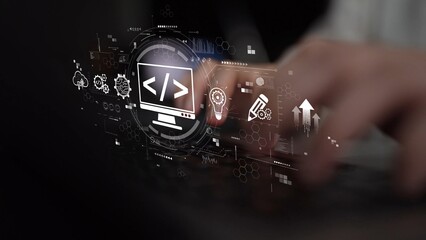 Modern web development concept featuring coding symbols, web development process, web development...