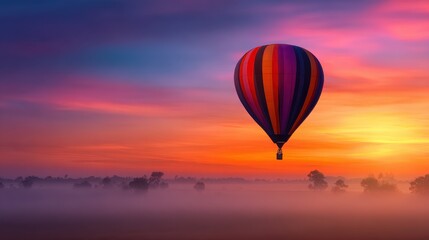 Fototapeta premium Colorful hot air balloon soaring above a misty landscape at sunrise, with trees in the background