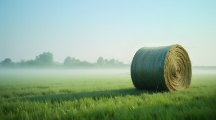 Hay bale in a misty field at dawn