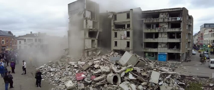 Demolition of a Building: Destruction, Dust, and Debris in Cityscape.