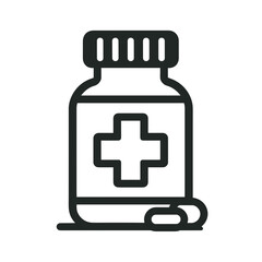 Obraz premium Medicine bottle icon, minimalist design, black and white, pharmaceutical illustration, copy space
