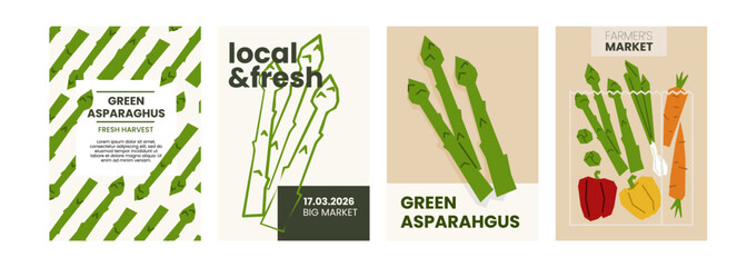 Fresh asparagus illustration. Simple posters with organic vegetable for farmers market advertising. Vector templates with copyspace. Set of harvested vegetables in minimal hand drawn and flat style.