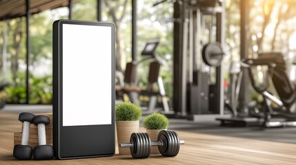 Modern Gym Advertisement: A sleek digital display offers a blank canvas for advertising. Gym interior blurred in background. Gym equipment like dumbbells and weights are placed beside the screen.