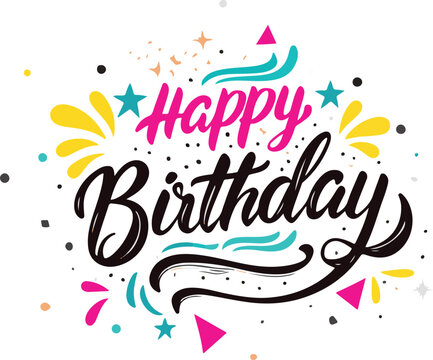 Vector art of happy birthday colorful lettering with confetti and stars