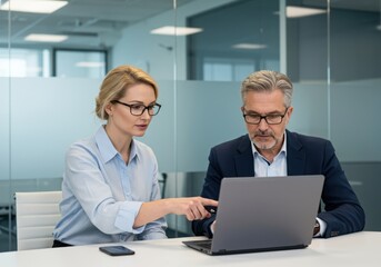 Obraz premium Focused business professionals collaborating on a laptop in a modern office environment discussing project details