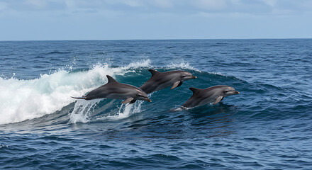 Playful dolphins jumping over breaking waves.