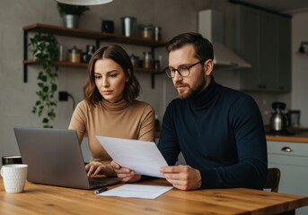 Focused couple collaborating on a laptop and documents at a wooden table in a modern kitchen setting