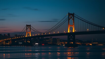Obraz premium Silhouetted suspension bridge at dusk with city lights