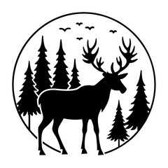 Majestic deer with antlers in a forest scene silhouette isolated on white background